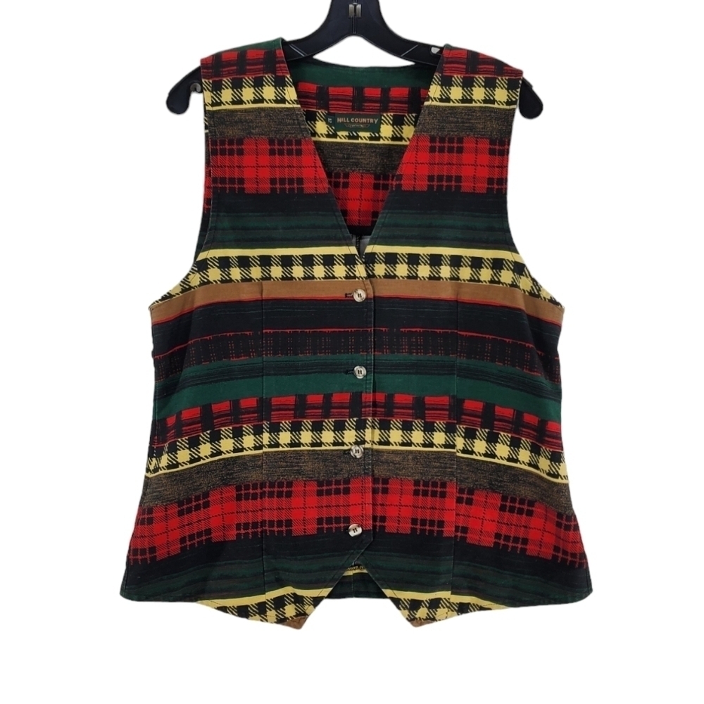Vtg Hill Country Vest Womens 12 V Neck Plaid Multicolor Red Green USA Made 90s